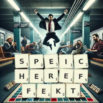 Kreative Illustration für ein Scrabble-Spiel, bei dem das Wort SPEICHEREFFEKT mit Steinen auf dem Brett gelegt wurde.