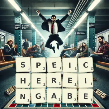 Kreative Illustration für ein Scrabble-Spiel, bei dem das Wort SPEICHEREINGABE mit Steinen auf dem Brett gelegt wurde.