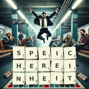 Kreative Illustration für ein Scrabble-Spiel, bei dem das Wort SPEICHEREINHEIT mit Steinen auf dem Brett gelegt wurde.