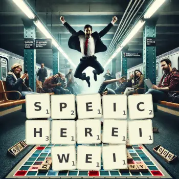Kreative Illustration für ein Scrabble-Spiel, bei dem das Wort SPEICHEREIWEI mit Steinen auf dem Brett gelegt wurde.
