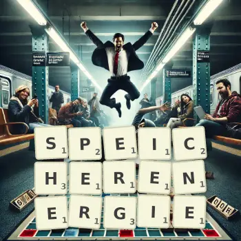 Kreative Illustration für ein Scrabble-Spiel, bei dem das Wort SPEICHERENERGIE mit Steinen auf dem Brett gelegt wurde.
