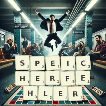 Kreative Illustration für ein Scrabble-Spiel, bei dem das Wort SPEICHERFEHLER mit Steinen auf dem Brett gelegt wurde.