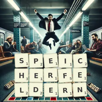Kreative Illustration für ein Scrabble-Spiel, bei dem das Wort SPEICHERFELDERN mit Steinen auf dem Brett gelegt wurde.