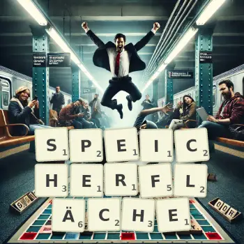 Kreative Illustration für ein Scrabble-Spiel, bei dem das Wort SPEICHERFLÄCHE mit Steinen auf dem Brett gelegt wurde.