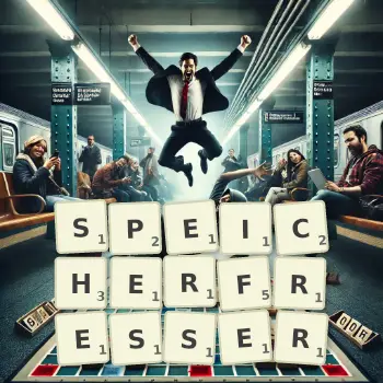 Kreative Illustration für ein Scrabble-Spiel, bei dem das Wort SPEICHERFRESSER mit Steinen auf dem Brett gelegt wurde.