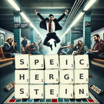 Kreative Illustration für ein Scrabble-Spiel, bei dem das Wort SPEICHERGESTEIN mit Steinen auf dem Brett gelegt wurde.