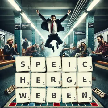 Kreative Illustration für ein Scrabble-Spiel, bei dem das Wort SPEICHERGEWEBEN mit Steinen auf dem Brett gelegt wurde.