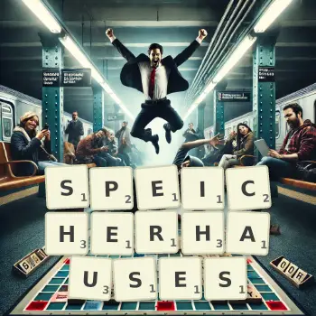 Kreative Illustration für ein Scrabble-Spiel, bei dem das Wort SPEICHERHAUSES mit Steinen auf dem Brett gelegt wurde.