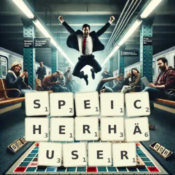 Kreative Illustration für ein Scrabble-Spiel, bei dem das Wort SPEICHERHÄUSER mit Steinen auf dem Brett gelegt wurde.