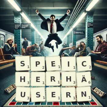Kreative Illustration für ein Scrabble-Spiel, bei dem das Wort SPEICHERHÄUSERN mit Steinen auf dem Brett gelegt wurde.