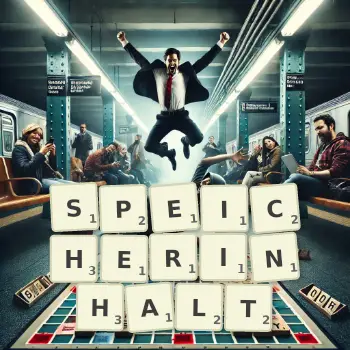 Kreative Illustration für ein Scrabble-Spiel, bei dem das Wort SPEICHERINHALT mit Steinen auf dem Brett gelegt wurde.