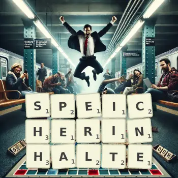 Kreative Illustration für ein Scrabble-Spiel, bei dem das Wort SPEICHERINHALTE mit Steinen auf dem Brett gelegt wurde.