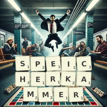 Kreative Illustration für ein Scrabble-Spiel, bei dem das Wort SPEICHERKAMMER mit Steinen auf dem Brett gelegt wurde.
