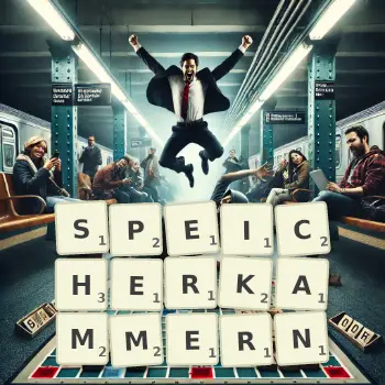 Kreative Illustration für ein Scrabble-Spiel, bei dem das Wort SPEICHERKAMMERN mit Steinen auf dem Brett gelegt wurde.