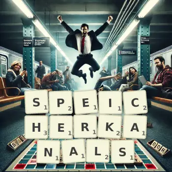 Kreative Illustration für ein Scrabble-Spiel, bei dem das Wort SPEICHERKANALS mit Steinen auf dem Brett gelegt wurde.