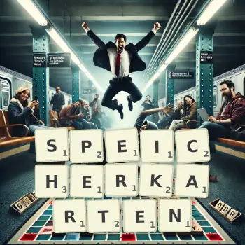 Kreative Illustration für ein Scrabble-Spiel, bei dem das Wort SPEICHERKARTEN mit Steinen auf dem Brett gelegt wurde.