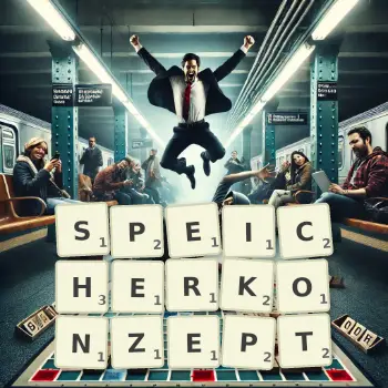 Kreative Illustration für ein Scrabble-Spiel, bei dem das Wort SPEICHERKONZEPT mit Steinen auf dem Brett gelegt wurde.
