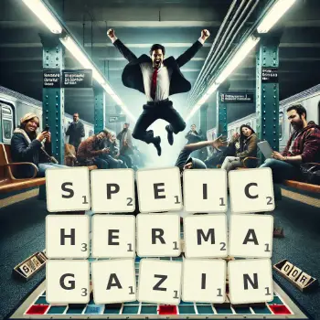 Kreative Illustration für ein Scrabble-Spiel, bei dem das Wort SPEICHERMAGAZIN mit Steinen auf dem Brett gelegt wurde.