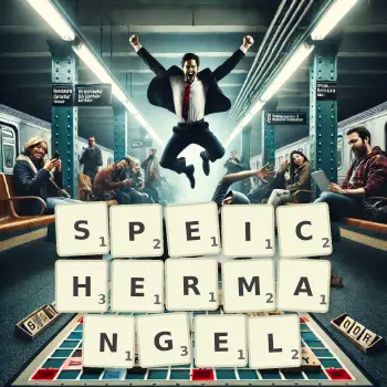 Kreative Illustration für ein Scrabble-Spiel, bei dem das Wort SPEICHERMANGEL mit Steinen auf dem Brett gelegt wurde.