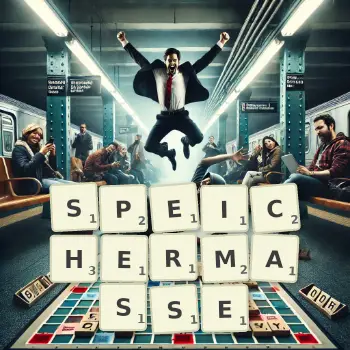 Kreative Illustration für ein Scrabble-Spiel, bei dem das Wort SPEICHERMASSE mit Steinen auf dem Brett gelegt wurde.