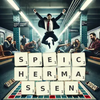 Kreative Illustration für ein Scrabble-Spiel, bei dem das Wort SPEICHERMASSEN mit Steinen auf dem Brett gelegt wurde.