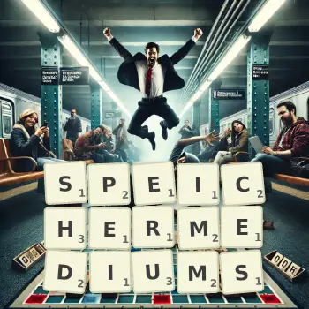 Kreative Illustration für ein Scrabble-Spiel, bei dem das Wort SPEICHERMEDIUMS mit Steinen auf dem Brett gelegt wurde.