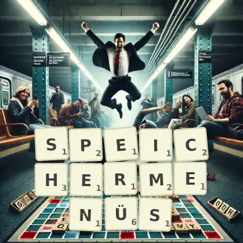 Kreative Illustration für ein Scrabble-Spiel, bei dem das Wort SPEICHERMENÜS mit Steinen auf dem Brett gelegt wurde.