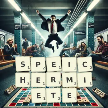 Kreative Illustration für ein Scrabble-Spiel, bei dem das Wort SPEICHERMIETE mit Steinen auf dem Brett gelegt wurde.
