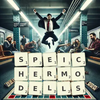 Kreative Illustration für ein Scrabble-Spiel, bei dem das Wort SPEICHERMODELLS mit Steinen auf dem Brett gelegt wurde.