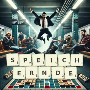 Kreative Illustration für ein Scrabble-Spiel, bei dem das Wort SPEICHERNDE mit Steinen auf dem Brett gelegt wurde.