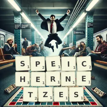 Kreative Illustration für ein Scrabble-Spiel, bei dem das Wort SPEICHERNETZES mit Steinen auf dem Brett gelegt wurde.