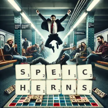 Kreative Illustration für ein Scrabble-Spiel, bei dem das Wort SPEICHERNS mit Steinen auf dem Brett gelegt wurde.