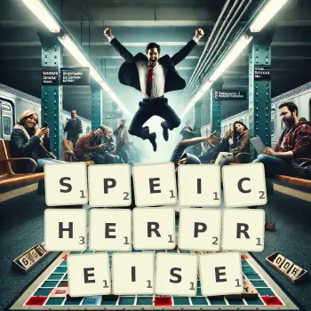 Kreative Illustration für ein Scrabble-Spiel, bei dem das Wort SPEICHERPREISE mit Steinen auf dem Brett gelegt wurde.
