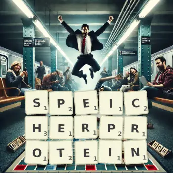 Kreative Illustration für ein Scrabble-Spiel, bei dem das Wort SPEICHERPROTEIN mit Steinen auf dem Brett gelegt wurde.