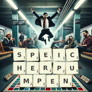 Kreative Illustration für ein Scrabble-Spiel, bei dem das Wort SPEICHERPUMPEN mit Steinen auf dem Brett gelegt wurde.