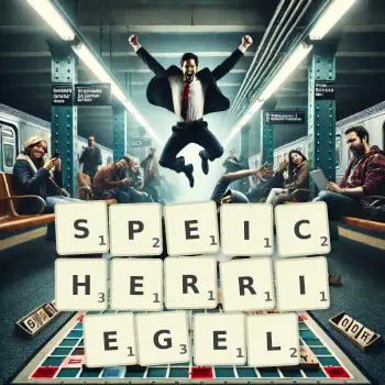 Kreative Illustration für ein Scrabble-Spiel, bei dem das Wort SPEICHERRIEGEL mit Steinen auf dem Brett gelegt wurde.
