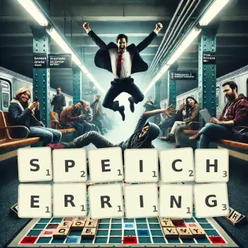 Kreative Illustration für ein Scrabble-Spiel, bei dem das Wort SPEICHERRING mit Steinen auf dem Brett gelegt wurde.