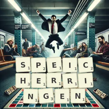 Kreative Illustration für ein Scrabble-Spiel, bei dem das Wort SPEICHERRINGEN mit Steinen auf dem Brett gelegt wurde.