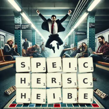 Kreative Illustration für ein Scrabble-Spiel, bei dem das Wort SPEICHERSCHEIBE mit Steinen auf dem Brett gelegt wurde.