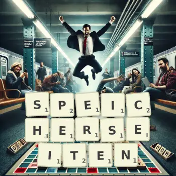 Kreative Illustration für ein Scrabble-Spiel, bei dem das Wort SPEICHERSEITEN mit Steinen auf dem Brett gelegt wurde.