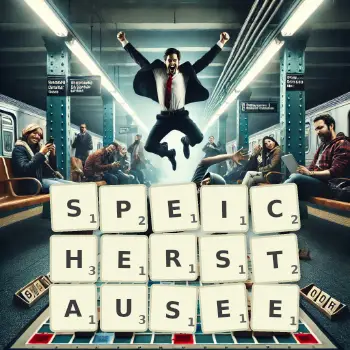 Kreative Illustration für ein Scrabble-Spiel, bei dem das Wort SPEICHERSTAUSEE mit Steinen auf dem Brett gelegt wurde.