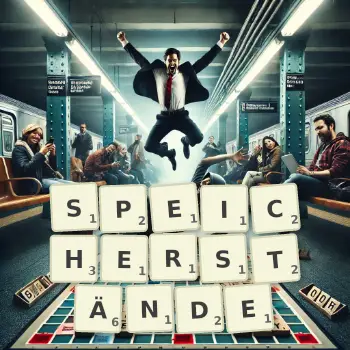 Kreative Illustration für ein Scrabble-Spiel, bei dem das Wort SPEICHERSTÄNDE mit Steinen auf dem Brett gelegt wurde.