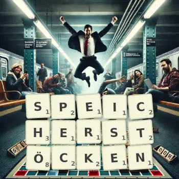 Kreative Illustration für ein Scrabble-Spiel, bei dem das Wort SPEICHERSTÖCKEN mit Steinen auf dem Brett gelegt wurde.