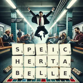 Kreative Illustration für ein Scrabble-Spiel, bei dem das Wort SPEICHERTABELLE mit Steinen auf dem Brett gelegt wurde.