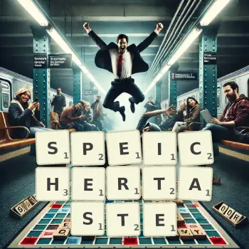 Kreative Illustration für ein Scrabble-Spiel, bei dem das Wort SPEICHERTASTE mit Steinen auf dem Brett gelegt wurde.