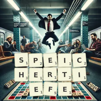Kreative Illustration für ein Scrabble-Spiel, bei dem das Wort SPEICHERTIEFE mit Steinen auf dem Brett gelegt wurde.