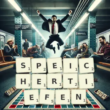 Kreative Illustration für ein Scrabble-Spiel, bei dem das Wort SPEICHERTIEFEN mit Steinen auf dem Brett gelegt wurde.