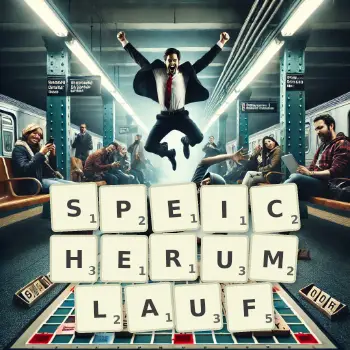 Kreative Illustration für ein Scrabble-Spiel, bei dem das Wort SPEICHERUMLAUF mit Steinen auf dem Brett gelegt wurde.