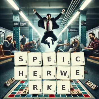Kreative Illustration für ein Scrabble-Spiel, bei dem das Wort SPEICHERWERKE mit Steinen auf dem Brett gelegt wurde.