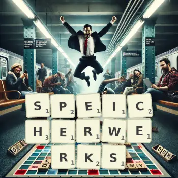Kreative Illustration für ein Scrabble-Spiel, bei dem das Wort SPEICHERWERKS mit Steinen auf dem Brett gelegt wurde.